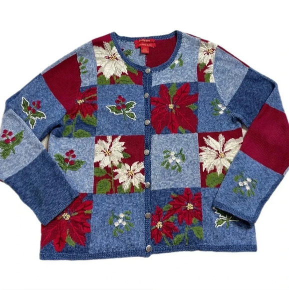 Northern Isles Vintage Christmas Holiday Poinsettia Patchwork Cardigan Size M - Picture 3 of 11